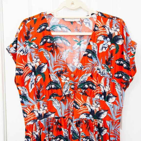 Loft Orange Botanical Print Midi Button-down Dress, size 12 - Picture 3 of 7